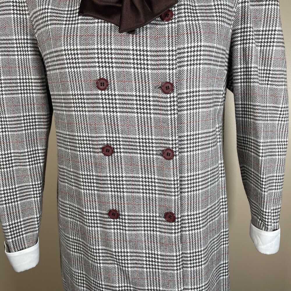Vintage 80s  Plaid Dress Double Breasted Big Bow Contrast Collar C-38.5" Midi - Picture 6 of 16